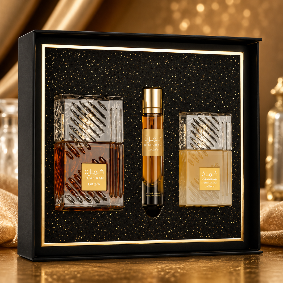 Lattafa Khamrah 3-Piece Fragrance Gift Set – EDP 100ml + Travel Spray 12ml + Hair Mist 50ml