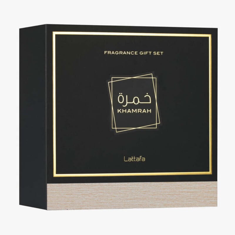 Lattafa Khamrah 3-Piece Fragrance Gift Set – EDP 100ml + Travel Spray 12ml + Hair Mist 50ml